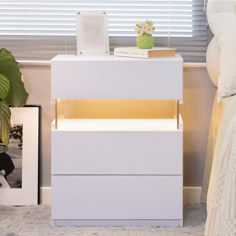 [Bellemave]LED Nightstands 3 Drawer Dresser for Bedroom End Table with Acrylic Board LED Bedside Tables for Bedroom Living Room Bedside Furniture (White)