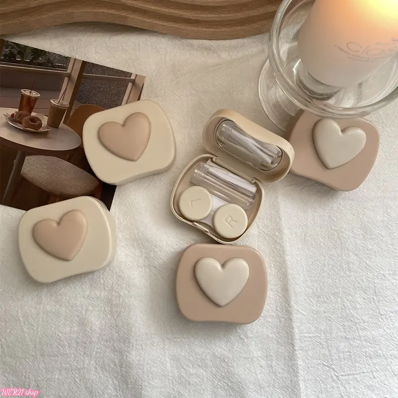4PCS-Ins Warm Milk Tea Tone Contact Lens Case, Minimalist 3D Heart Portable Eye Contacts Storage Box, Compact Travel Lens Companion Container, Cute Mini Beauty Carry Accessory for Daily Makeup, Travel and Student Pocket Use