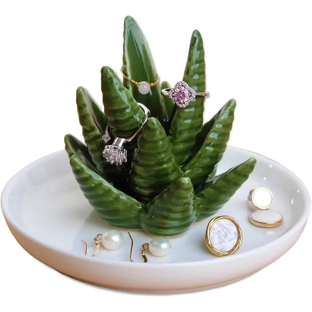 Aloe Ring Holder,Cactus Ring Dish,Jewelry Holder Trinket Tray for Rings Earrings Necklace Organizer,Bridesmaid Christmas Birthday Gift for Women Girls