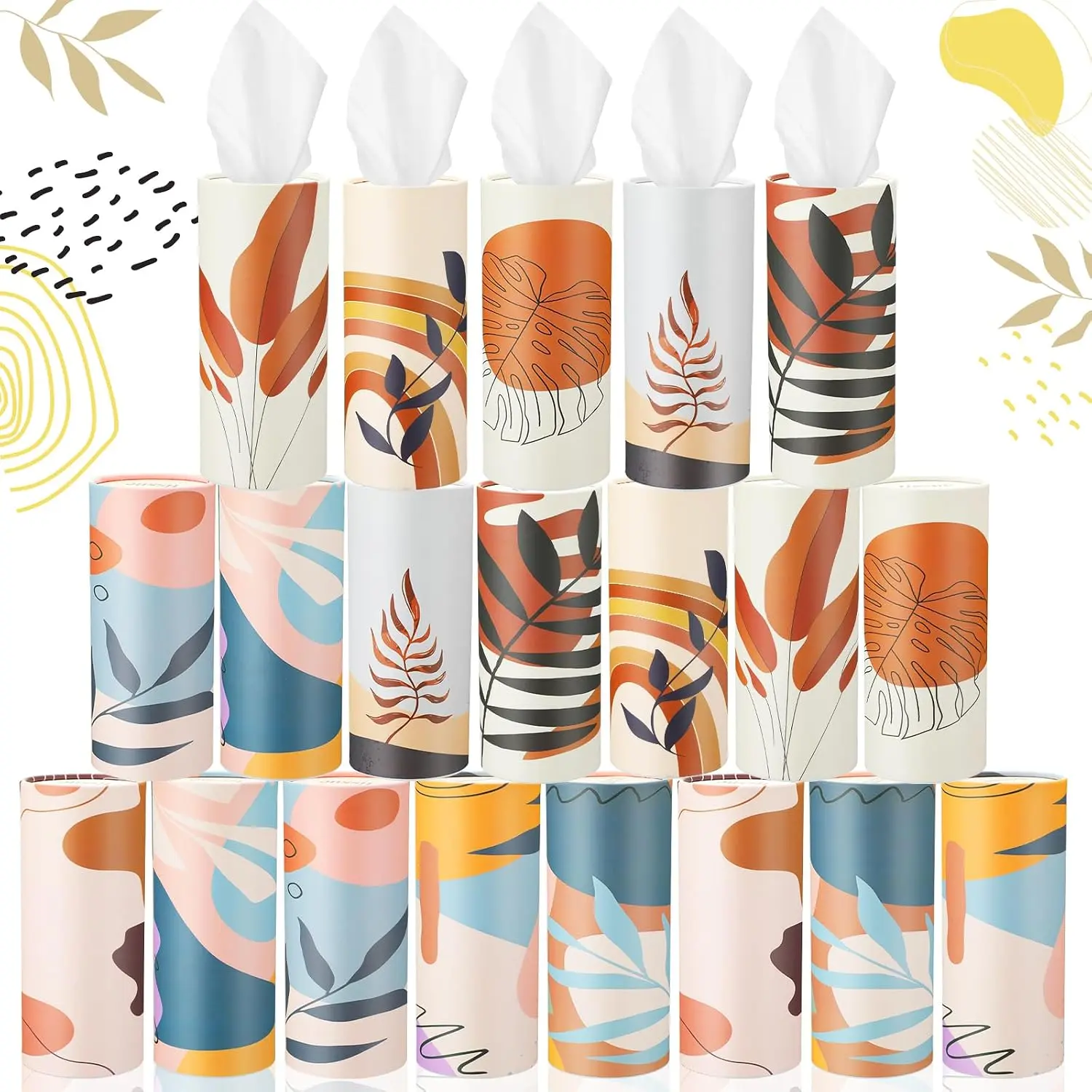20 Pack Car Tissues Cylinder with 3 Ply Facial Napkins Bulk, Travel Round Tissue Boxes for Car Cup Holder Paper Napkins Tube Container for Home Bathroom Office(Boho Style)