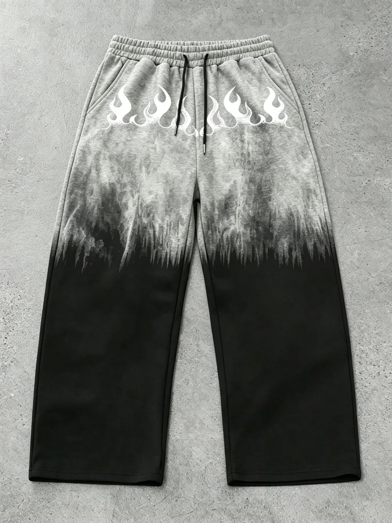 Men's Trendy Long Pants, Casual Pants, Retro Flame Graphic Vintage Washed Wide Leg Drawstring Trousers, Street Style Men's Loose Sweatpants, Fashionable Streetwear, Y2K Grunge Aesthetic, Urban Casual Wear Bottoms Suitable for Back to School