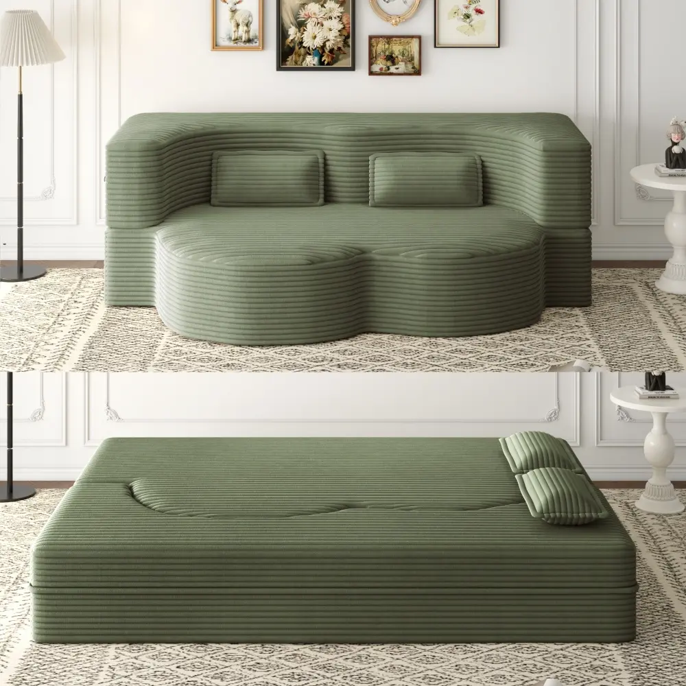 Modern 2-Seater Sherpa Fleece Floor Sofa with 2 Pillows - Convertible Sturdy Foam-Filled Sleeper, 15" Full Size Folding Mattress Bed, Square Design, No Assembly, Green Comfy Couch for Living Room, Kid Room, RV