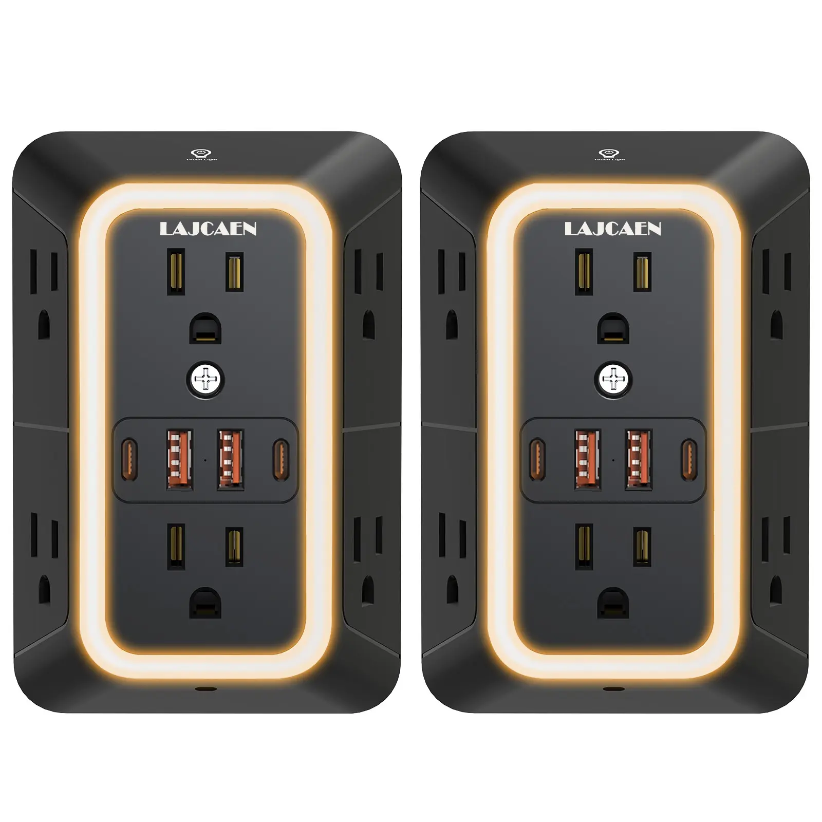 2 Pack Outlet Extender Power Strip with Night Light, 6 AC Surge Protector Outlets and 4 USB Ports (2 USB C）,1050J Power Strip Multi Plug Adapter Spaced for Home Travel Office (Black）