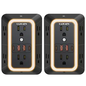 2 Pack Outlet Extender Power Strip with Night Light, 6 AC Surge Protector Outlets and 4 USB Ports (2 USB C）,1050J Power Strip Multi Plug Adapter Spaced for Home Travel Office (Black）