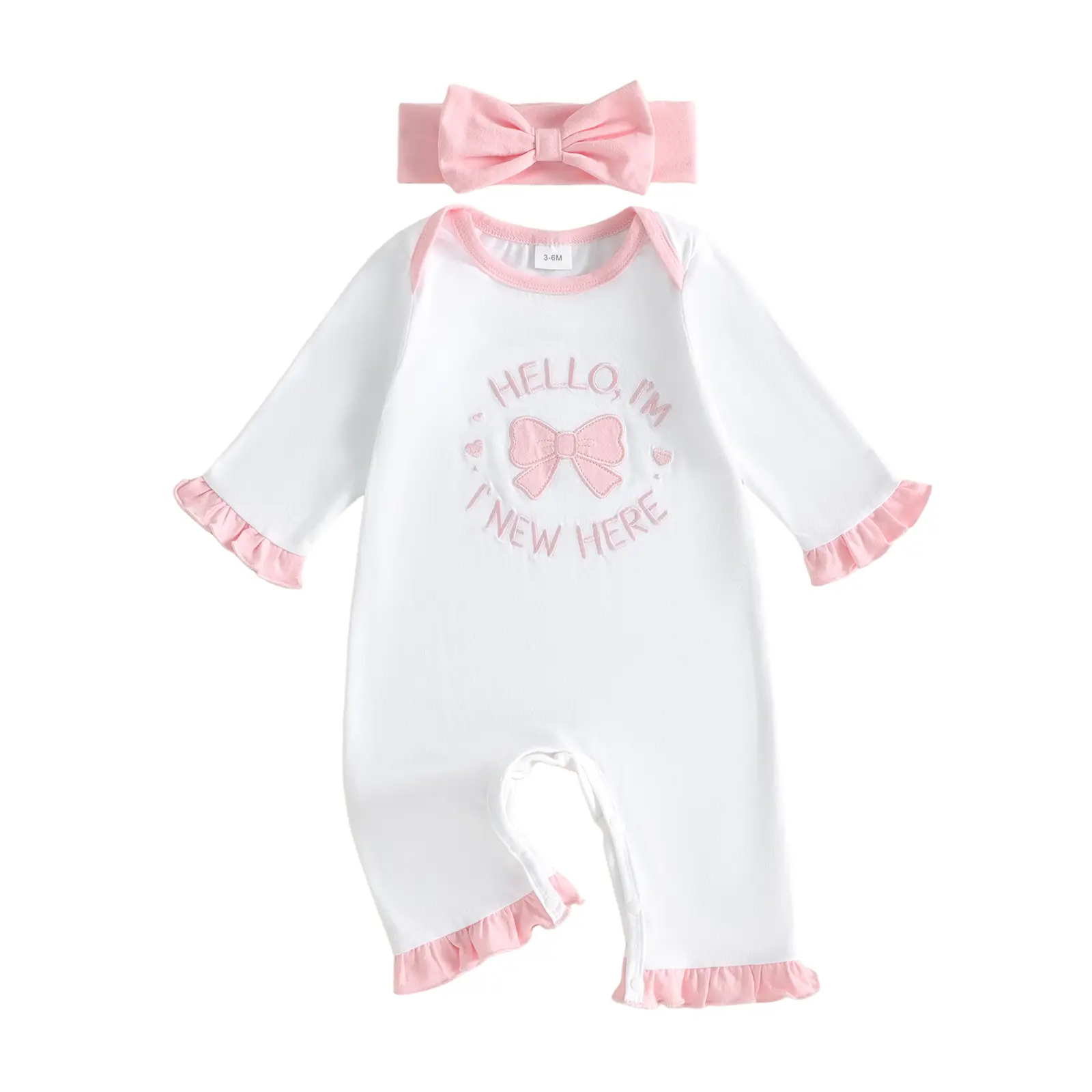 Infant Baby Girls Romper Bow Letter Embroidery Long Sleeve Bodysuit Hat Set Fall Winter 0-18 Months