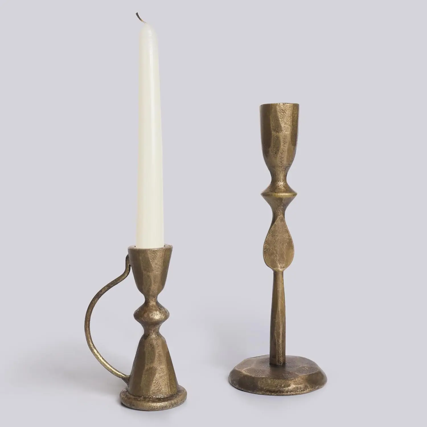 Antique Brass Cast Iron Candle Holders Set of 2 Vintage Decorative Taper Candlesticks for Table Centerpieces and Home Decor