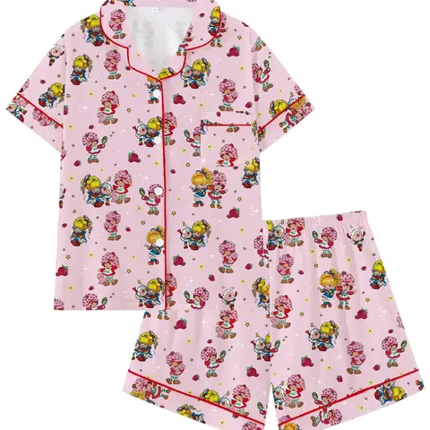 Strawberry Girl Rainbow brite Cartoon Pajama Set, Cute Loose-Fitting Short Sleeve Sleepwear, Lounge Wear Set, Comfortable for All Seasons, Perfect Gift