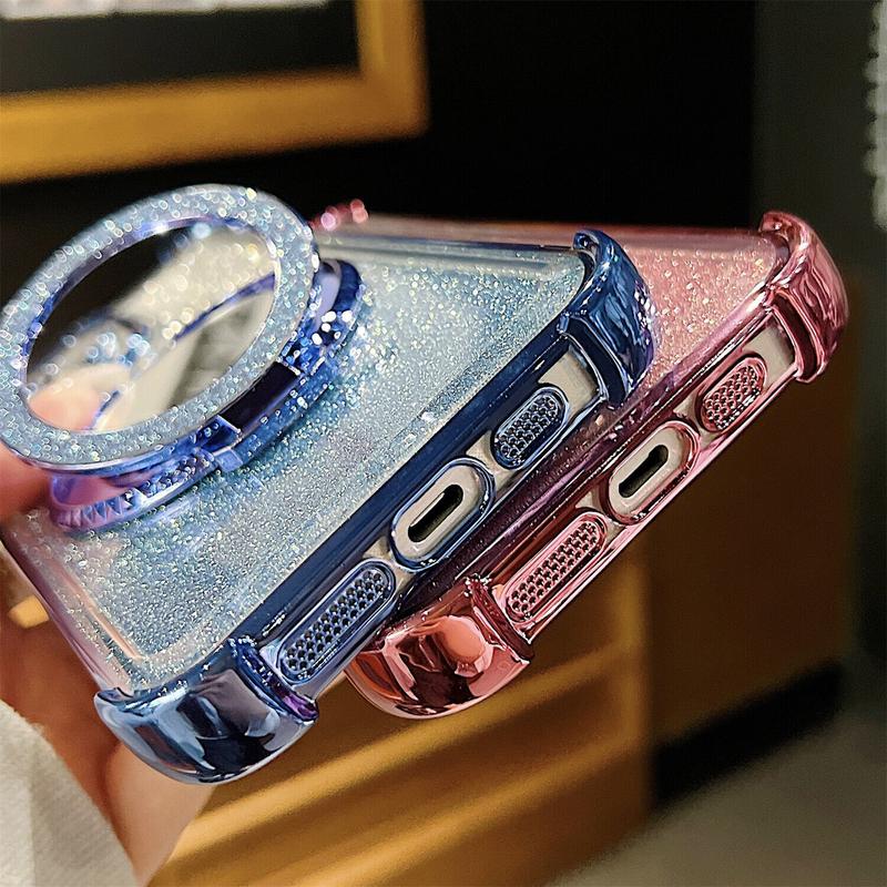 OREKROY Mirror Bling Case Ring Kickstand MagSafe Cover For iPhone 16 Pro Max 15 14 13 12,Anti-fall Shockproof Bling-bling twinkle Phone Cover,Phone Accessories