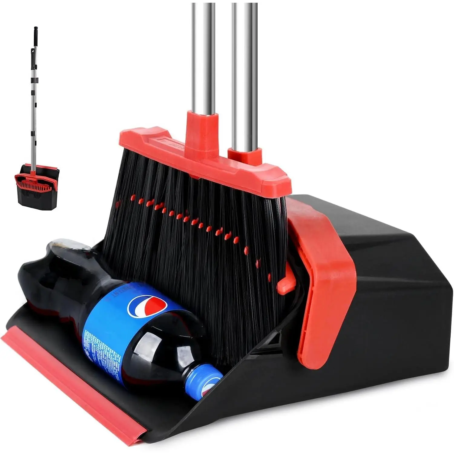 Broom and Dustpan Set for Home, 51" Long Handle Black Red Standing Broom Combo, Self-Cleaning, ZeroGap Lip, Upright Storage for Kitchen Lobby Office Restaurant Indoor Use