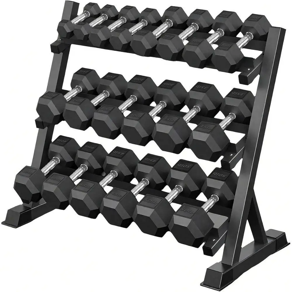 9 Pair Iron and Rubber-Coated Dumbbell Set , 5-45 lbs Hand-Held Free Weights for Strength Training, Hexagonal Rubber Weights with Vertical Storage Rack, Fitness Home Gym Equipment