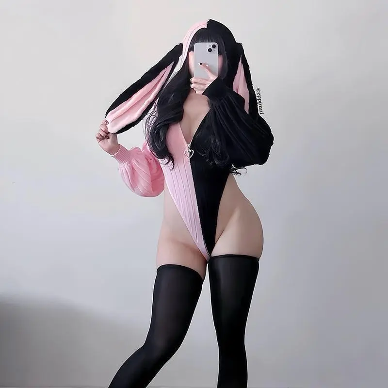 Women's Easter Bunny Cosplay Lingerie Set Fuzzy Rabbit Ears Hooded Jumpsuit Soft Knit Fabric Heart Zipper Closure Perfect For Easter Holiday Party Cosplay Plus Size Use Festive Knitted Bunny Suit Cute graduation dress