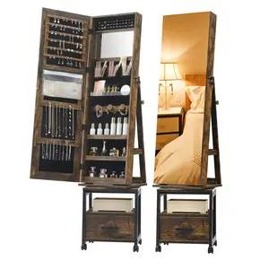 GARVEE360° Swivel Jewelry Armoire, 66" H Floor Standing, Full Length Mirror, Makeup Vanity, Brown, Lockable Wheels, Suitable for Bedroom