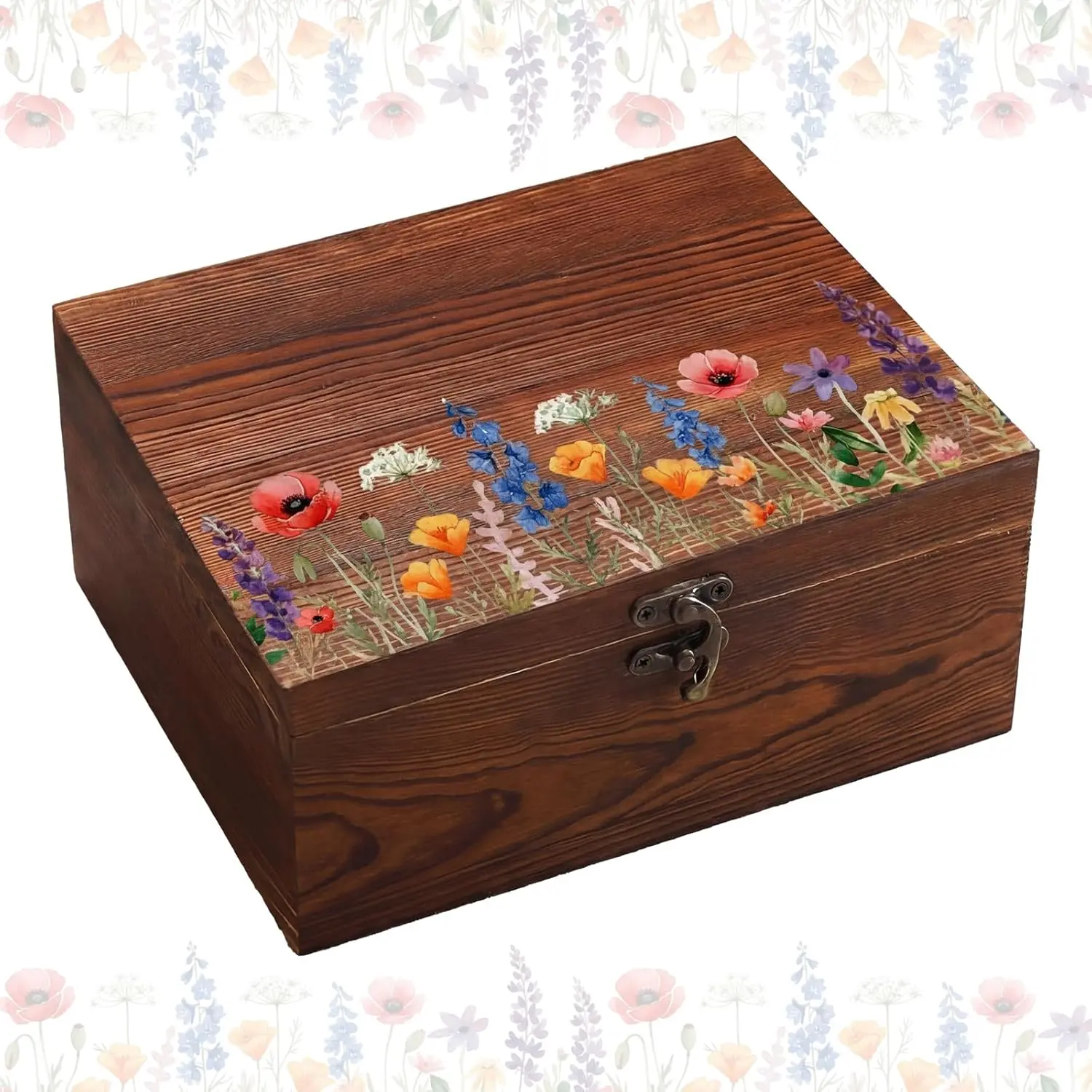 Gerrii Wildflower Wooden Keepsake Box Wedding Baby Shower Spring Flower Memory Storage Box with Buckle for Birthday Baby in Bloom Party(Wildflower Mix,Brown,11.02 x 8.86 x 4.92 Inches)