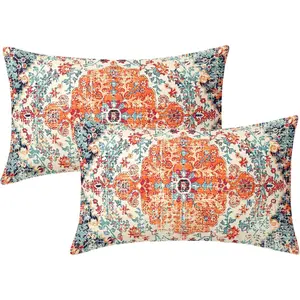 Orange Blue Ethnic Boho Lumbar Pillow Covers 12X20 Inch Bohemian Carpet Vintage Rust Coral Floral Rectangular Couch Pillow Cases with Zipper Set of 2 Home Decor for Room Bedroom Bed Cushion Outdoor(Gift)