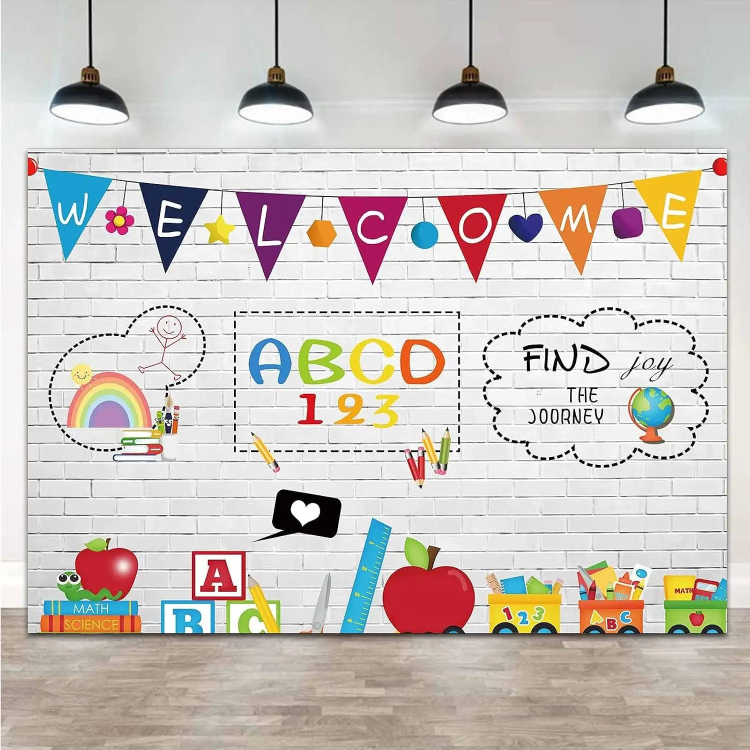 Welcome  Teaching Teacher Students Pencil Books Subject Photo Background White Brick Wall Study at  Blackboard  to School Photography Backdrop 5x3ft Vinyl Studio Shoot Booth Props