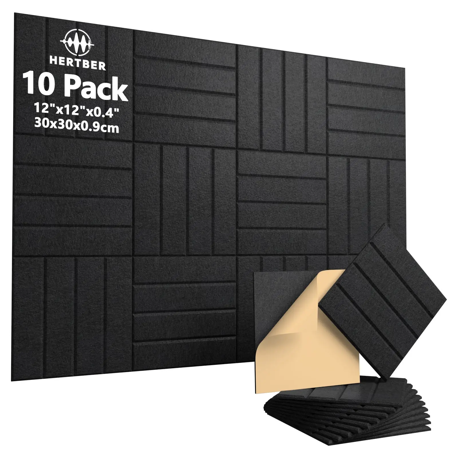 HERTBER 10Pcs Self Adhesive Polyester Acoustic Panels 30×30×0.9cm Grooved Geometric Sound Absorbing Wall Panels, No Drilling Decor Noise Insulation Panels for Living Room, Bedroom, Interior Walls, Guitar Studio, Game Room, Home Theater, Black White Gray