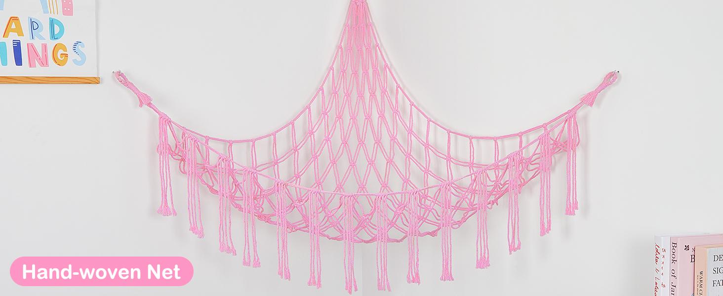 Basumee Stuffed Animals Net or Hammock with LED Light, Hanging Stuffed Animals Storage Toy Hammock Net Corner Wall Girls Room Decor Toy Storage Organizer, Pink, XL