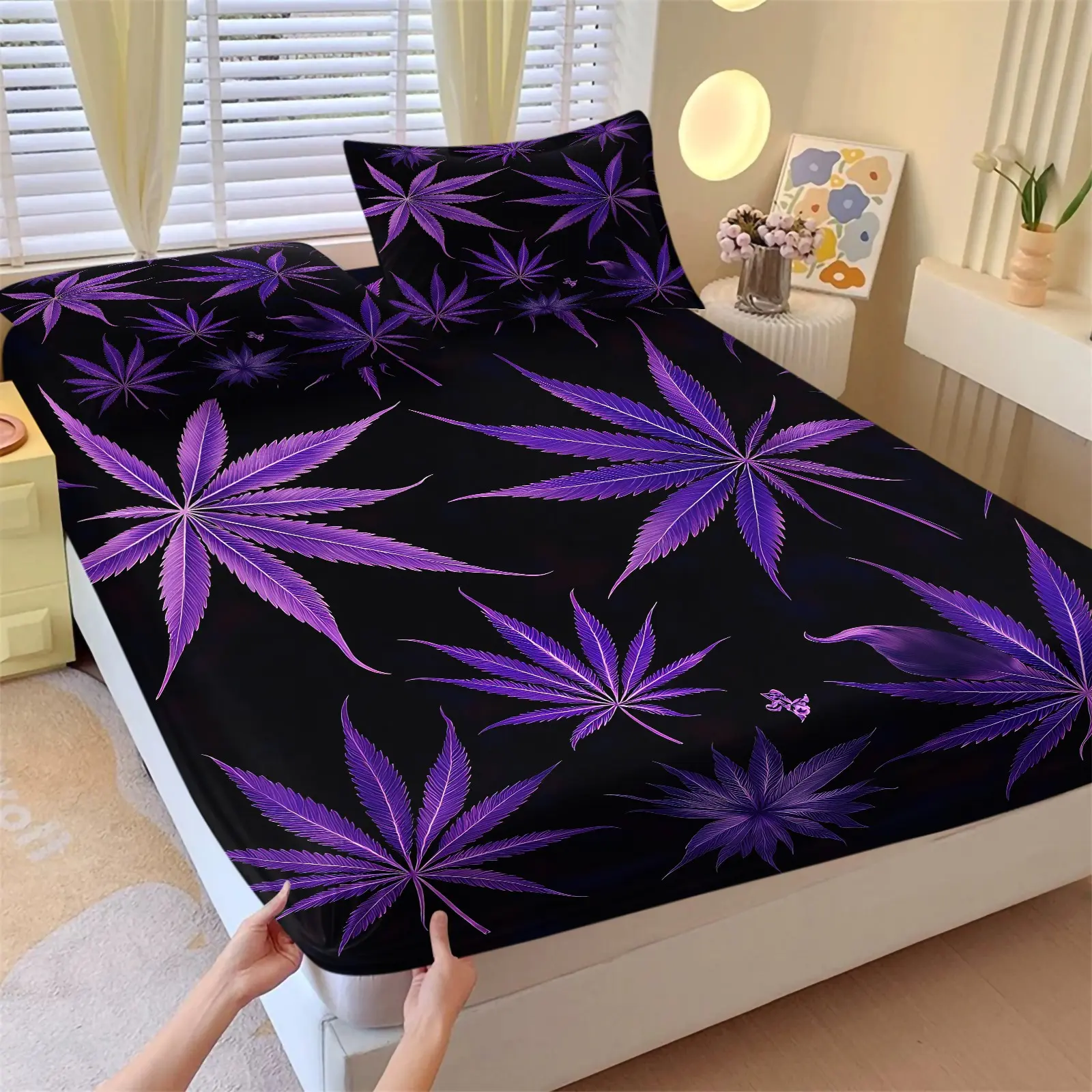 Black Base Purple Hemp Leaf Streetwear Fitted Sheet Set, 1 Fitted Sheet + 2 Pillowcases - 3 Piece, Soft Microfiber Deep Pocket Design, Dark Urban Street Style Bedroom Decoration, Gift for Streetwear Enthusiast