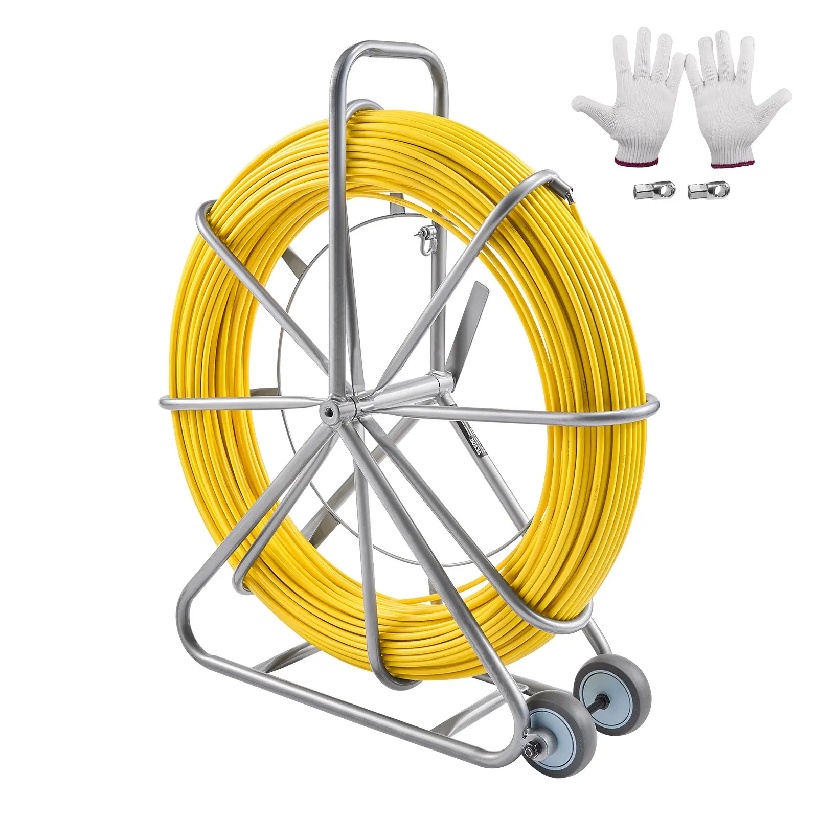 【DealsForYouDays】VEVOR Fish Tape Fiberglass, 656 ft, 5/16 in, Duct Rodder Fishtape Wire Puller, Cable Running Rod with Steel Reel Stand, 3 Pulling Heads, Fishing Tools for Walls and Electrical Conduit, Non-Conductive