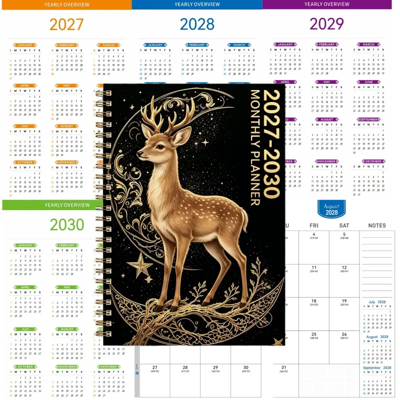 2027-2030 monthly planner, A5 size with 124 pages of high-quality paper, gradient-colored inner pages, sacred plum blossom deer themed cover, durable coil binding, includes full-year calendar pages, all-in-one for expense tracking, wish planning, and dail