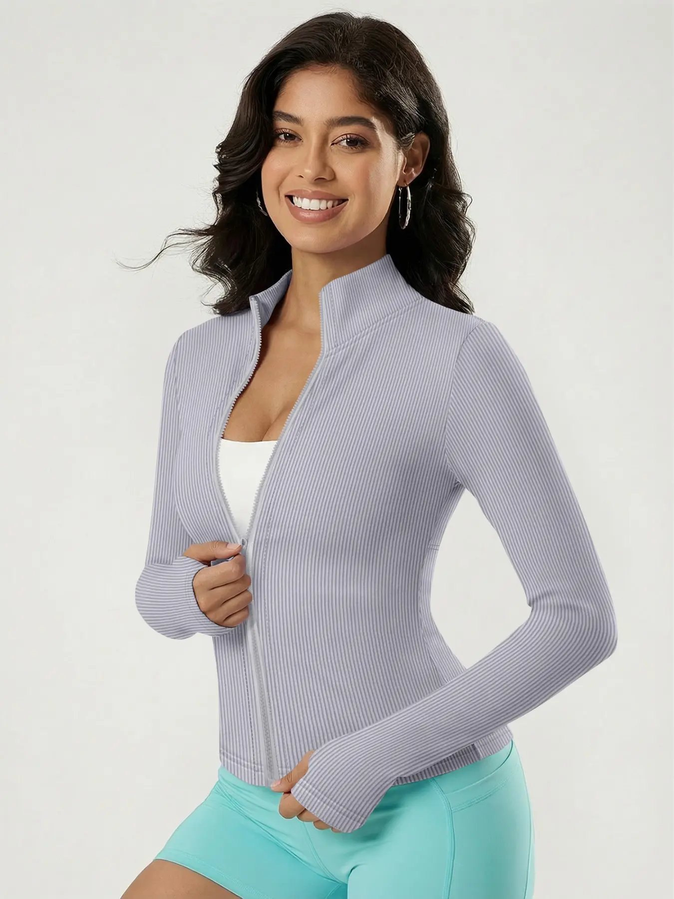 High-Elastic Yoga Jacket with Thumbholes, Stand Collar Zipper Short Tight Fitness Cardigan, Outdoor Pilates Training Slimming Top