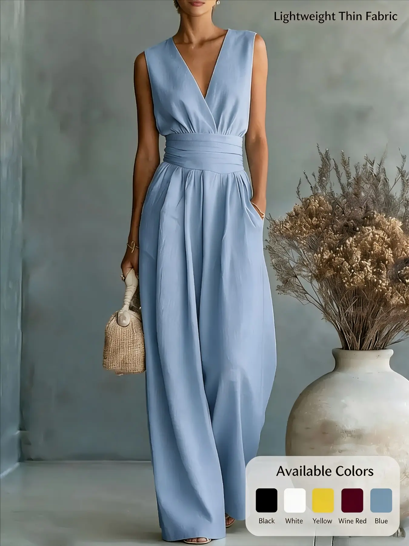Elegant Women's Deep V Neck Sleeveless Wide Leg Jumpsuit, Solid Color High Waist Long Pants, Stylish and Comfortable Fit Fashion Wear