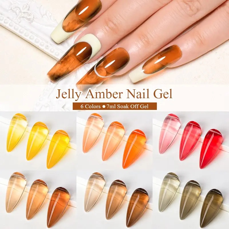 MEET ACROSS 7ml Jelly Amber Gel Nail Polish, 6 Transparent Warm Orange Color Fall Winter Essential, Salon Grade Quality, Soak Off UV Light Cure Gel Polish for Nail Art DIY at Home, Gel Shine Finish