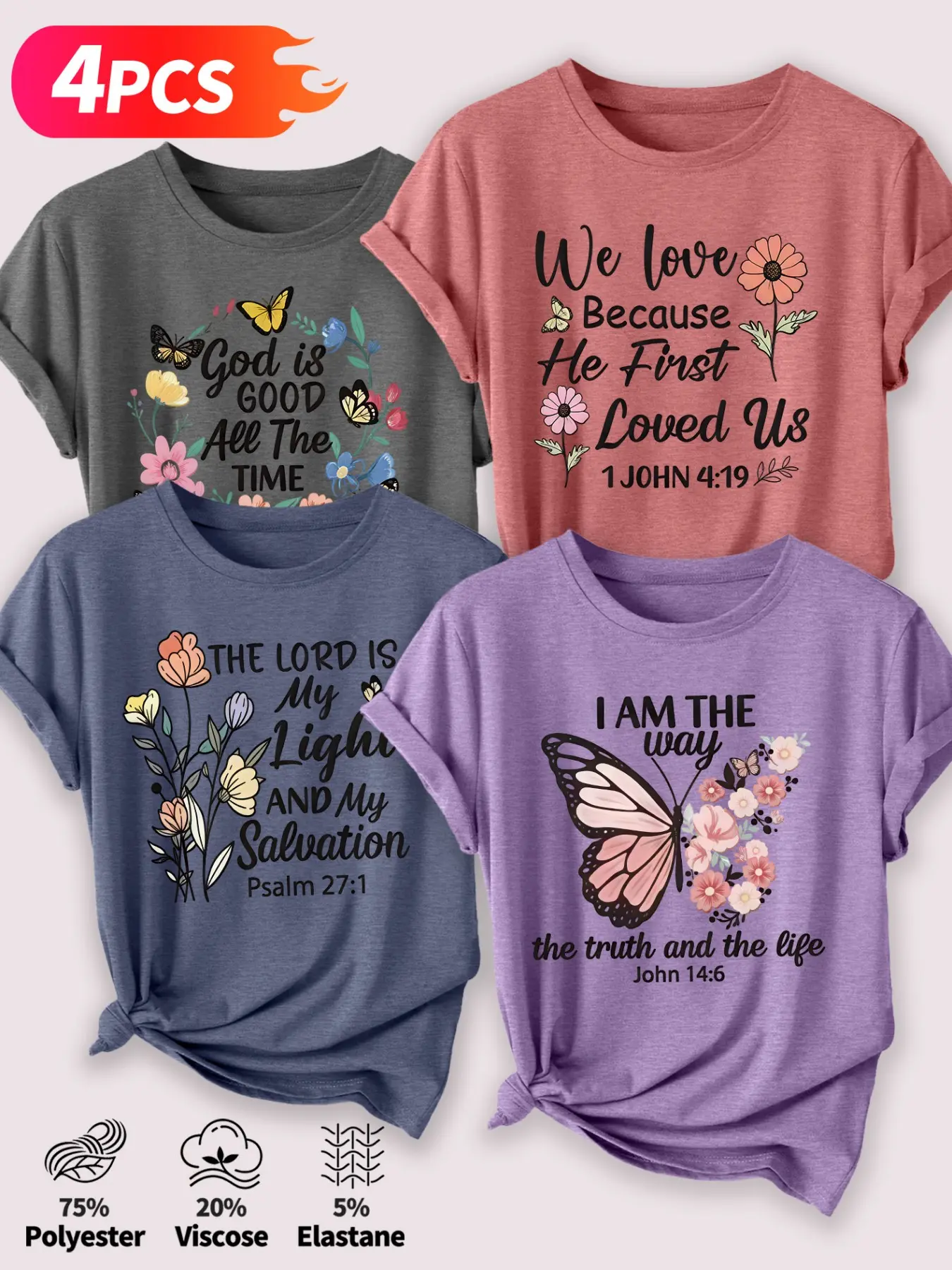 4Pcs Women Crew Neck T-Shirt, Bible Verses With Fresh Floral Butterfly Faith Print, Multi-color Washable Spring Summer Casual Top, Soft Skin-friendly Fabric Daily Versatile Fashion Design