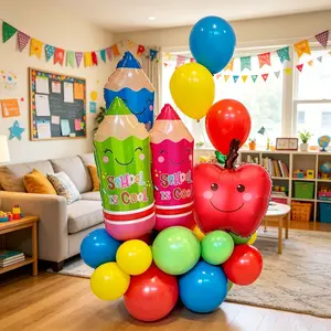 26-piece Back-to-School Study Supplies-Themed Balloon Set, including pencils, two red apple-shaped foil balloons, and red, yellow, blue, and green latex balloons—ideal for back-to-school campus decorations, graduation celebrations, back-to-school parties