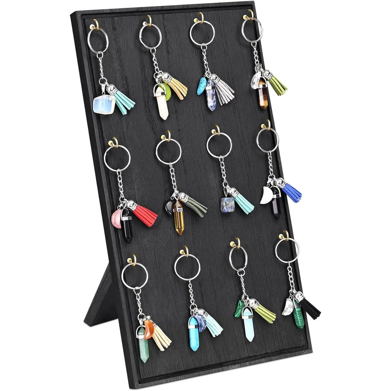 Wooden Jewelry Display Stand with 12 hooks, Earring Display with Hooks, Bracelet, Earring, Keychain Stand for Selling,7.8W x 7.8D x 15.9H in, Black Color