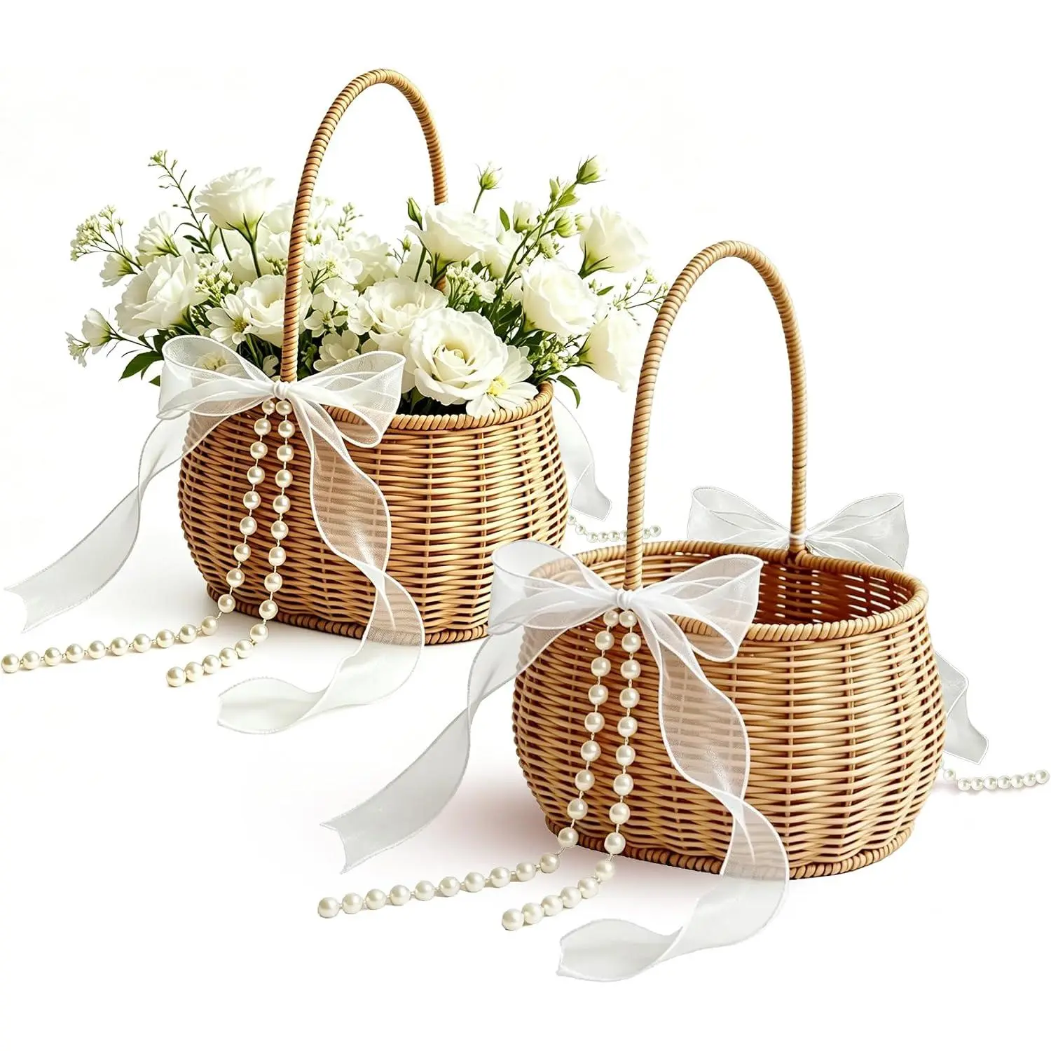 2 Pcs Hand Woven Wicker Rattan Flower Girl Basket 11.8x8.7x5.1 Inches with Bows and Pearls Both Sides, Rustic Style Wedding Baskets with Handle for Flower Girls, for Wedding Ceremonies Home Decor