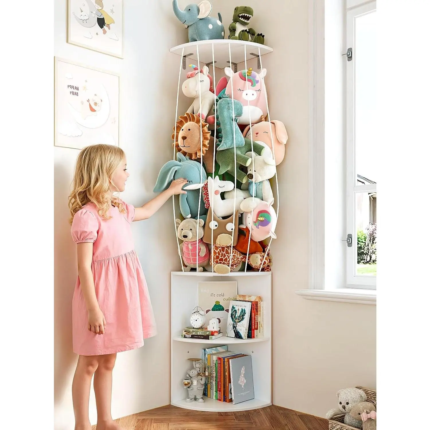 74.7" H Stuffed Animal Storage with 2-Tier Corner Bookshelf - Wall Mount Height Adjustable Plush Toy Organizer, Wooden Kids Bookshelf for Small Spaces Nursery Playroom Kids Room, White