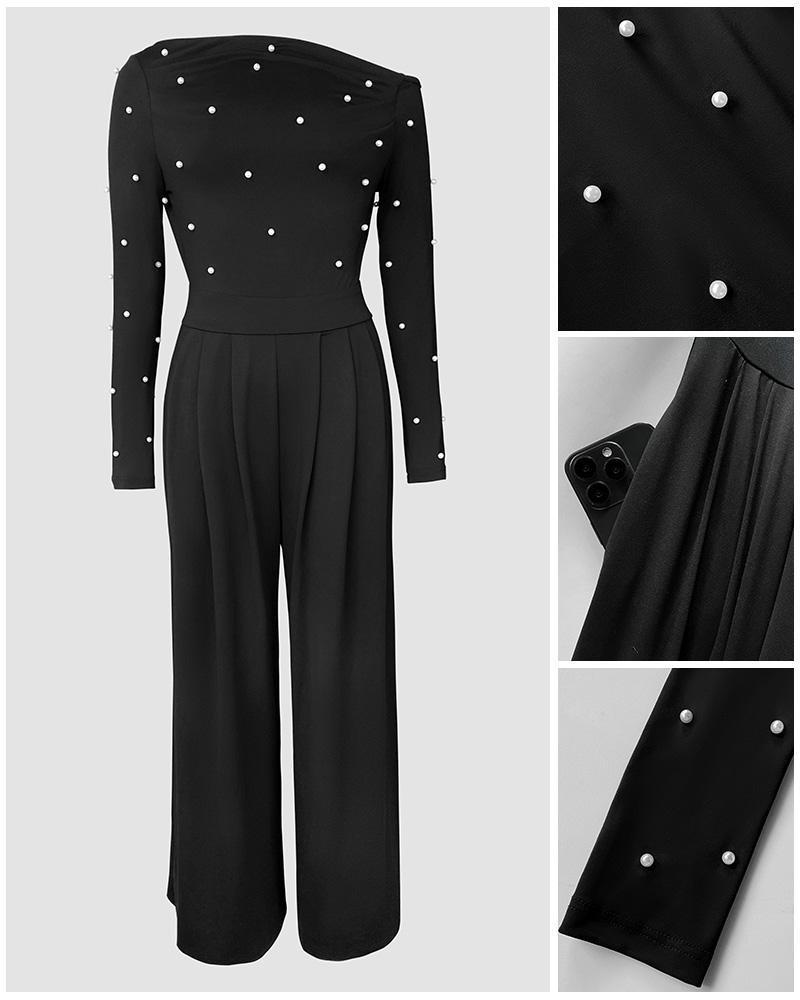 ChicMe Pearls Decor Skew Neck Long Sleeve Cinched Waist Overalls Casual Ruched Zipper Back Wide Leg Jumpsuit for Wedding Guest ChicMe Pearls Decor Skew Neck Long Sleeve Cinched Waist Overalls Casual Ruched Zipper Back Wide Leg Jumpsuit for Wedding Guest