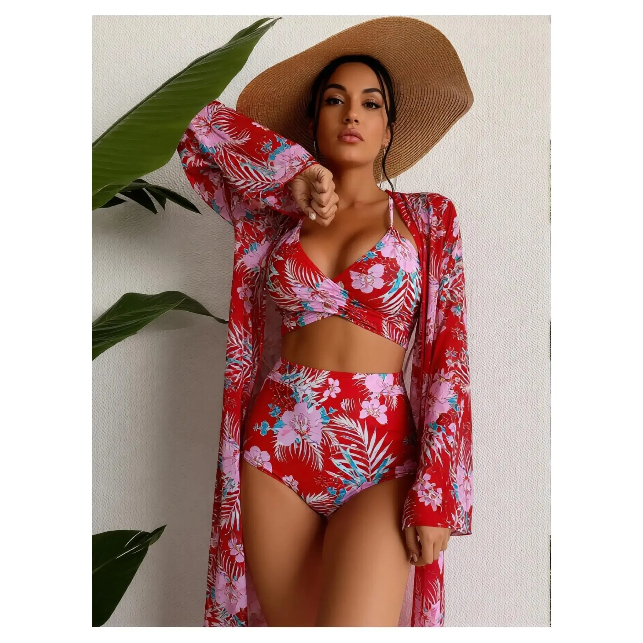 Women's 3 Piece Swimsuit Floral Push Up Bikini Set with Cover Up, High Waist Bathing Suit Red, Sexy Beachwear for Women, Summer Swimsuits