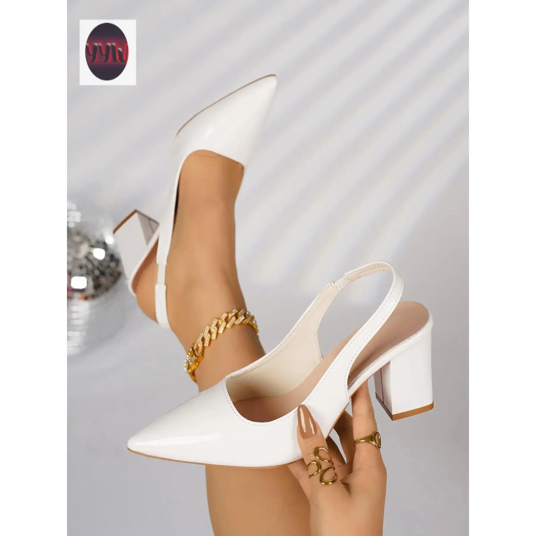 YYW1 Women's Patent Leather Pointed Toe Slingback Block Heel Pumps, Minimalist Elegant Office-Chic Style, Work Heels