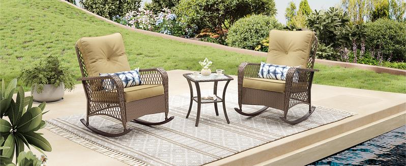 UDPATIO Outdoor Rocking Patio Set 3 pcs wicker furniture with 4‘’Thick Cushions balcony furniture set Chair Lounge Summer Comfort Relax Ergonomic
