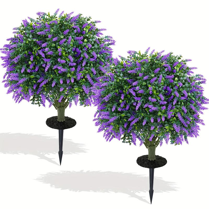 2 Pack Artificial Boxwood Topiary Ball with Lavender, Set Of 2 Artificial Shrub Bushes with Ground Spike, Fake Evergreen Tree for Porch, Artificial Plants for Outdoor Planters Indoor