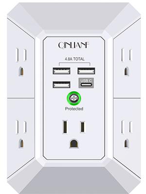 Wall Charger, Surge Protector, 5 Outlet Extender with 4 USB Charging Ports, 3-Sided 1680J Power Strip Multi Plug Adapter Spaced for Home Travel Office