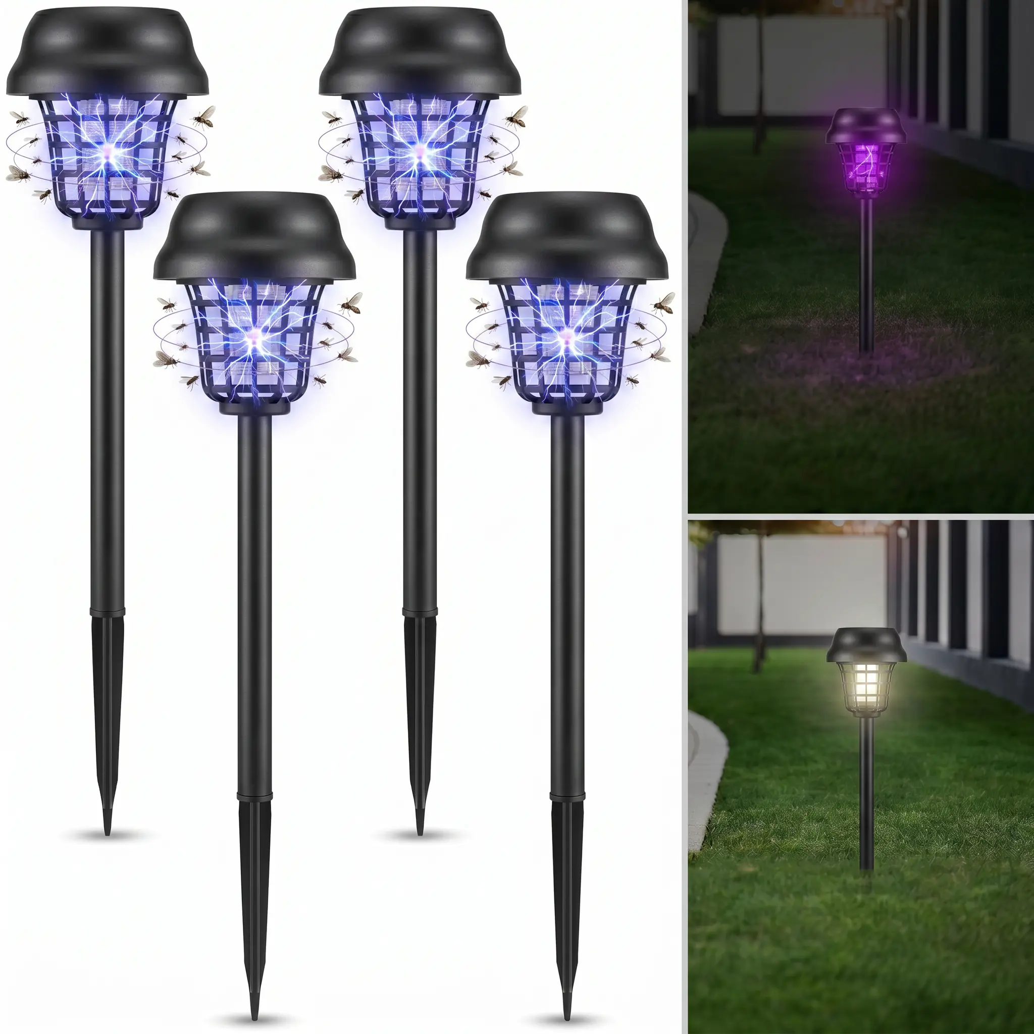 4 Pcs Solar Bug Zapper Waterproof Mosquito Killer Solar Light Power Repellent Lamp for Moth, Gnat, Fly, Small Flying Insect Indoor Outdoor Garden Patio, Purple & White(Black)