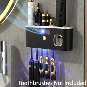 1pc Smart Toothbrush Organizer, Toothbrush Holders For Bathrooms, with Automatic Toothpaste Dispenser - Toothbrush Holders Wall Mounted, 5-Slot Storage, Durable Plastic, USB Rechargeable Lithium Battery, Bathroom Organization And Home Decor