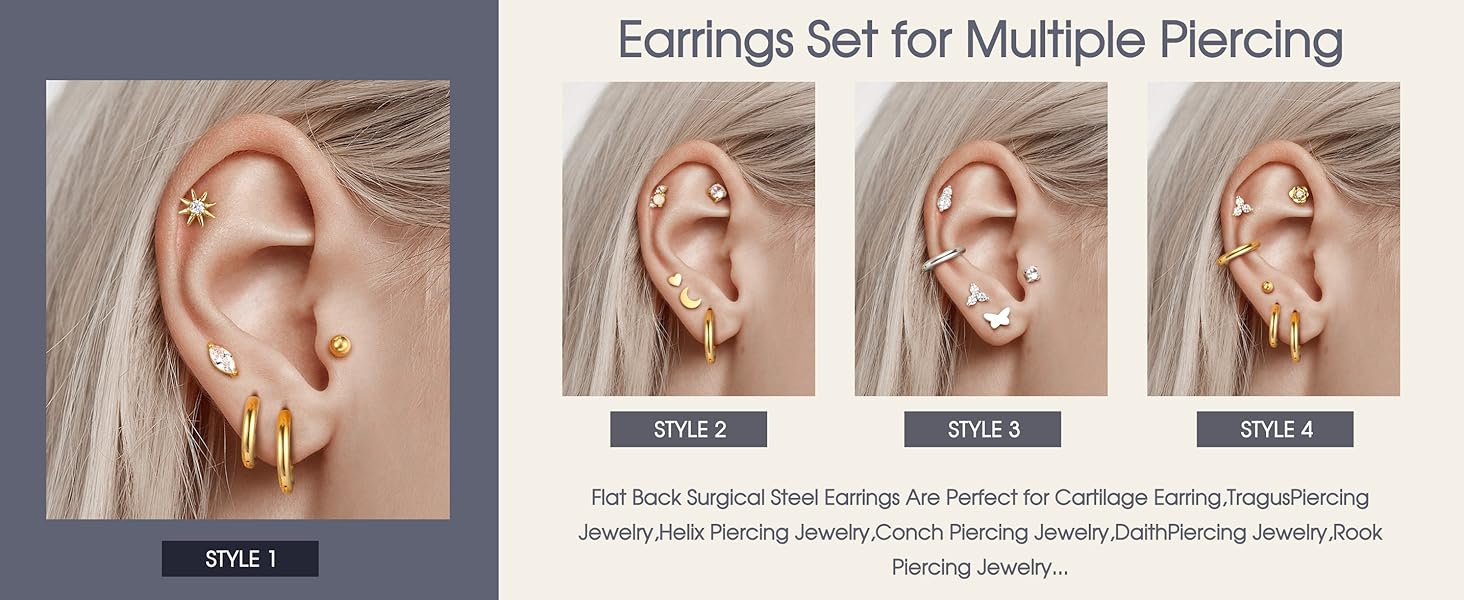 Trendy  Hypoallergenic Flat Back Stud Earrings for Women Surgical Stainless Steel Earrings for Sensitive Ears 14K Gold Plated Cartilage Earring Sets for Multiple Piercing Small Flatback Stud Earrings Hoop