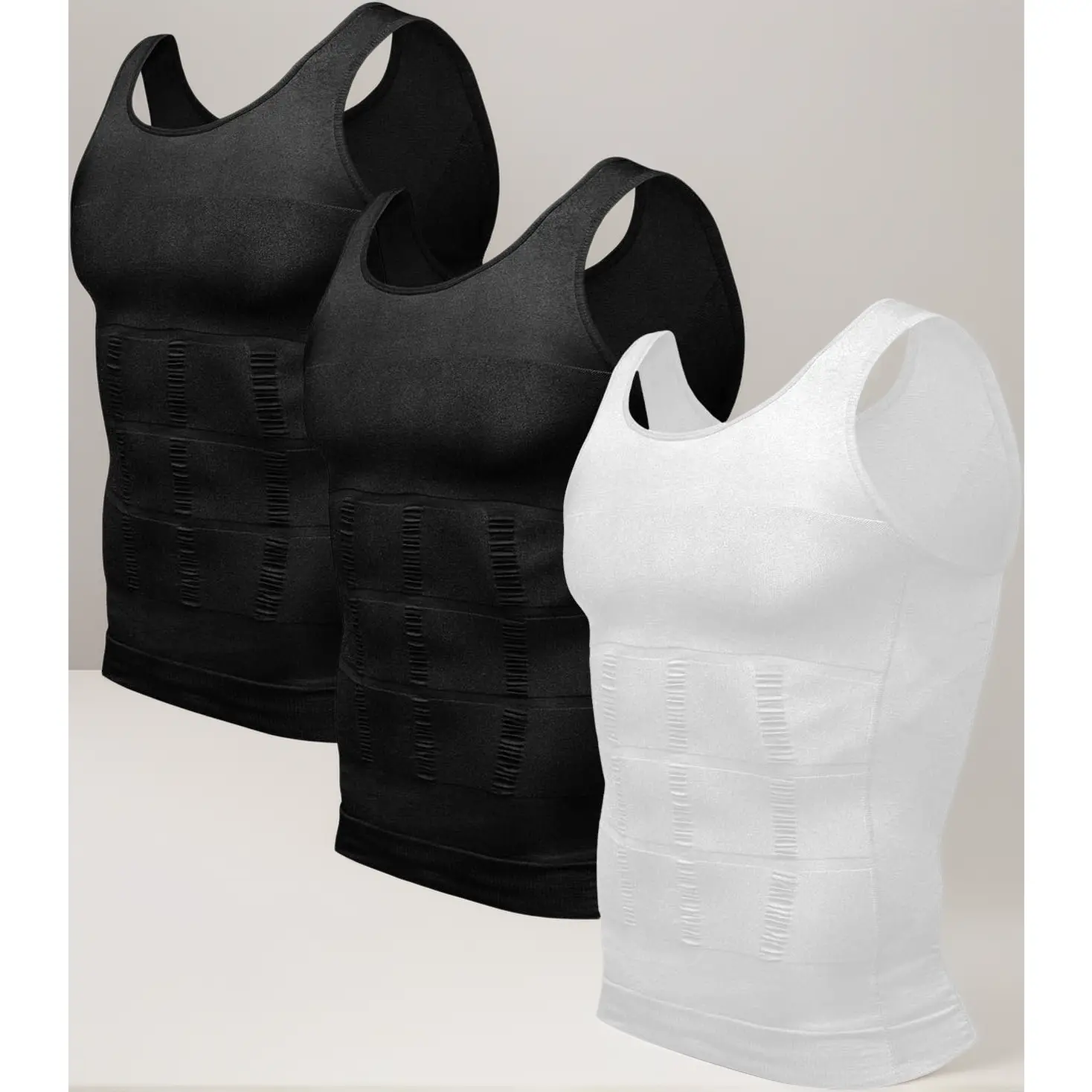 Men’s 3-Pack Nylon Blend Compression Tank Tops - Hand Stitched Body Shaper Baselayer Vest with Tummy Control & Chest Support, Quick Dry Men's Sports Vest for Gym, Running