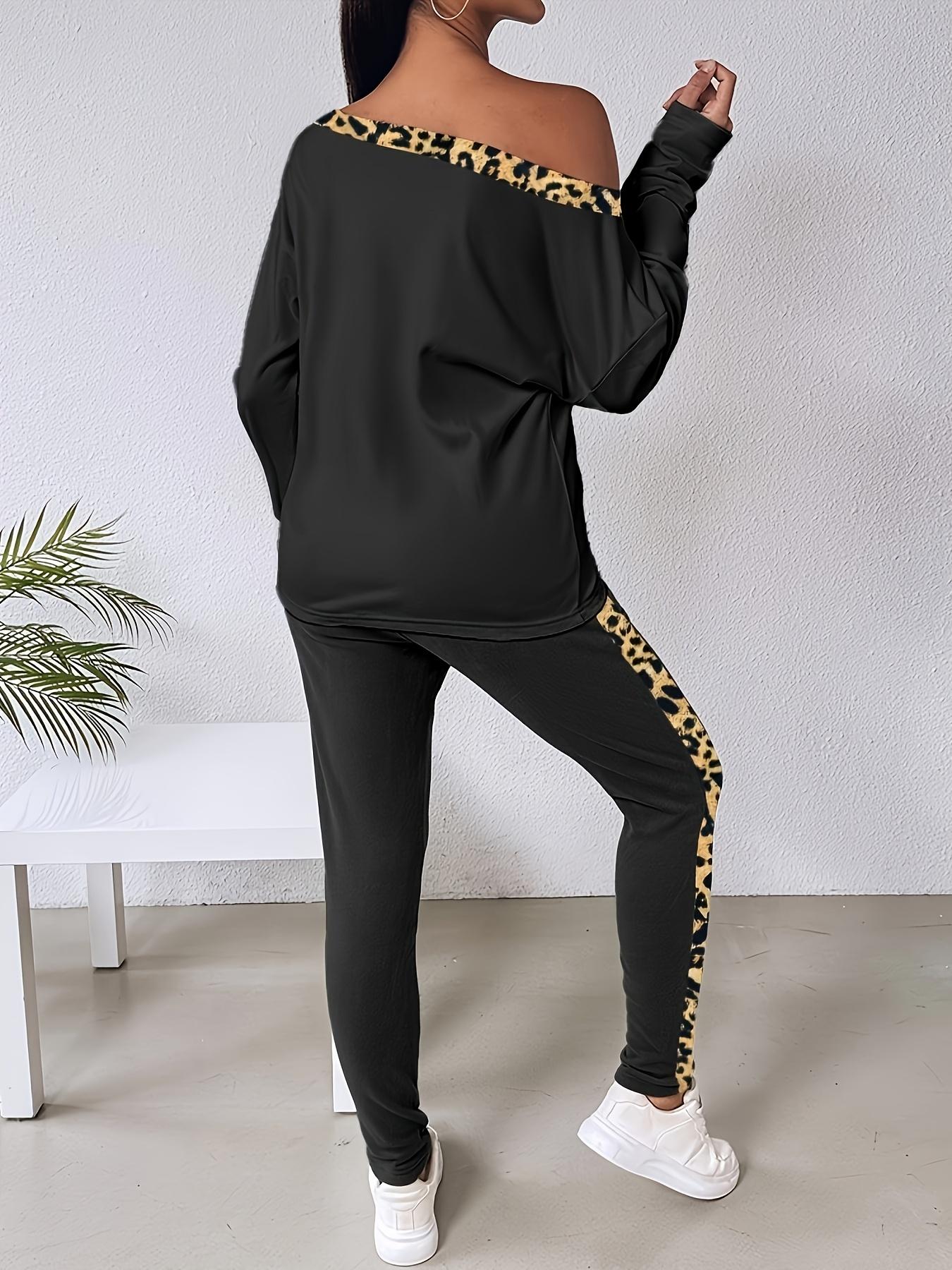 A 2-piece set outfit of women's fashionable fitted slanted shoulder collar leopard print long sleeved shirt and lace up drawstring pants, suitable for daily versatile occasions and home sports wear
