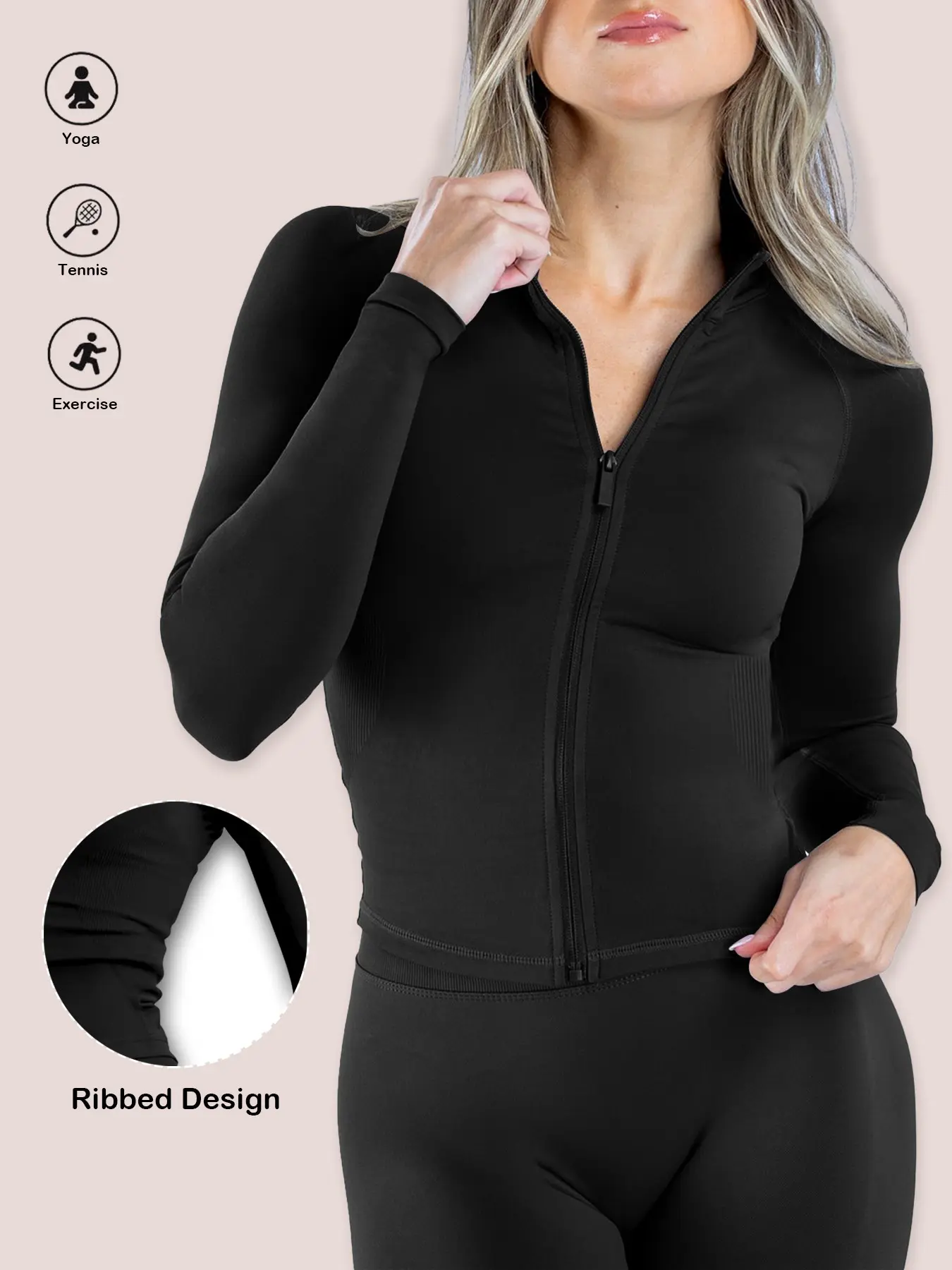 Women's Sporty High Elastic Slim-Fit Yoga Top, Stand Collar Zipper Long Sleeve Open Front Jacket, All Season Plain Kint Fabric