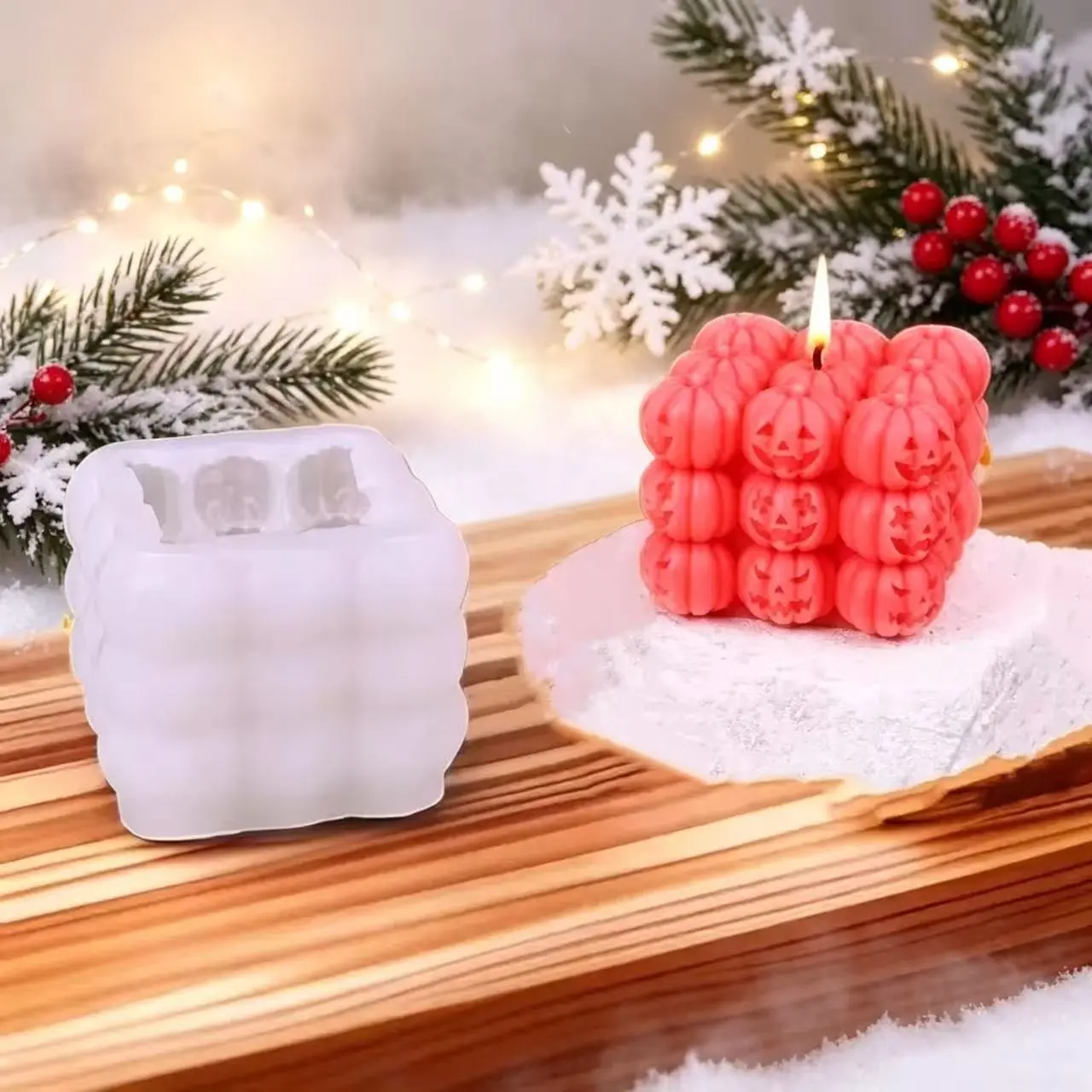 Halloween Pumpkin Mold with Face Features, Square Base for Candles Soaps Party Decorations, Non-Toxic Silicone Handmade Mould Gift, Candle Making Supplies
