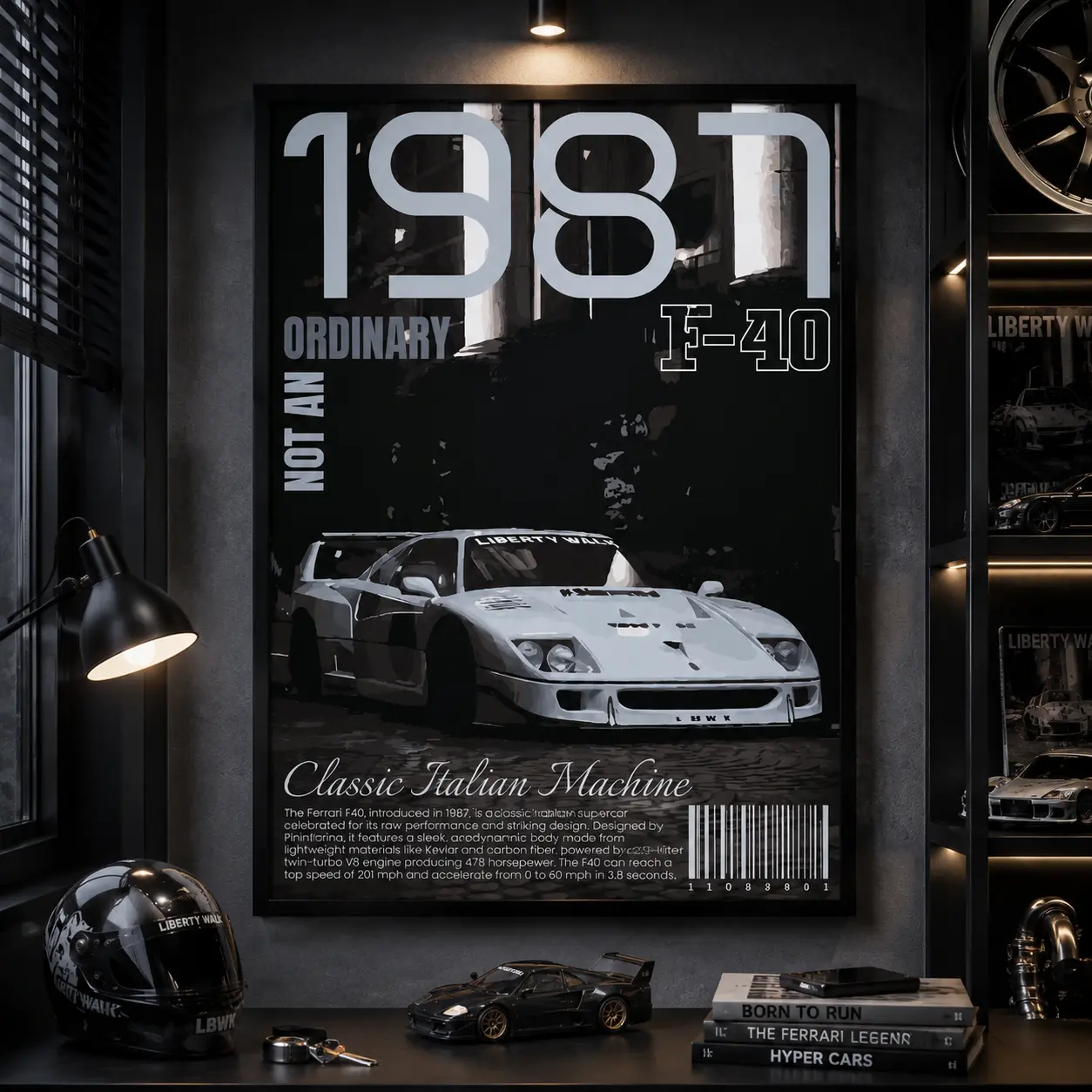 Vintage F40 Racing Car Canvas Poster, Black White Classic Italian Supercar Wall Art Print, Retro Garage Office Man Cave Decor, Car Fan Boyfriend Gift