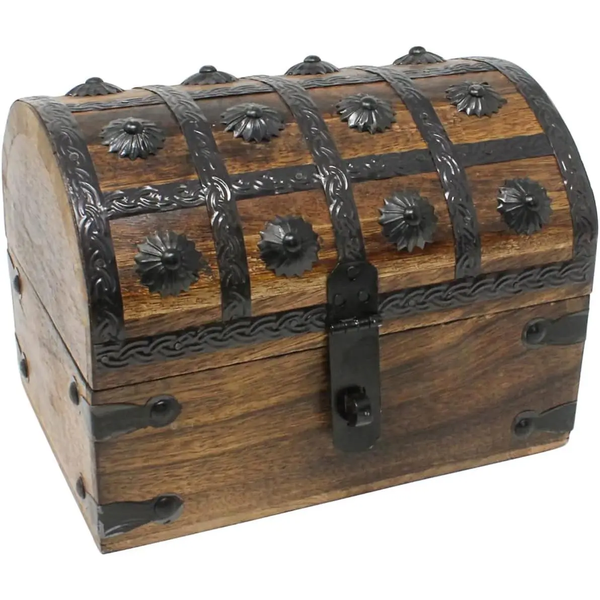 Treasure Chest Keepsake and Decorative Wood Box (Large 8x6x6) - Storage Box, Wooden Box with Hinged Lid, Rustic Storage, Pirate Storage Box, Vintage Wooden Chest