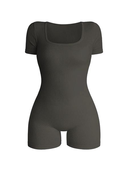 Women's Solid Short Sleeve Sports Bodysuit, Casual Sporty Square Neck Bodycon Bodysuit for Yoga Gym Workout, Summer Outfits 2024, Ladies Sportswear for All Seasons