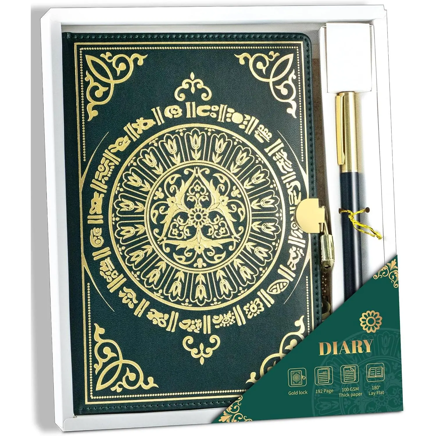 A5 Size Leather Locking Diary Journal with Key Set, Pen, Green Box, Mayan Emboss - Office Stationery for Writers (5x7 in)