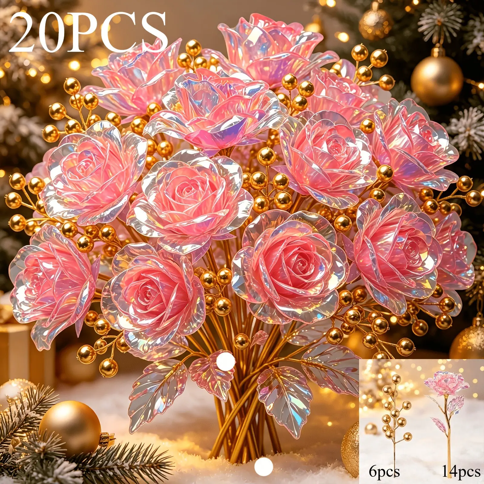 20pcs Artificial Crystal Gold Plated Roses with Golden Berries, Decorative Flowers, Elegant Decor for Holidays, Weddings, Birthdays, Home Decoration